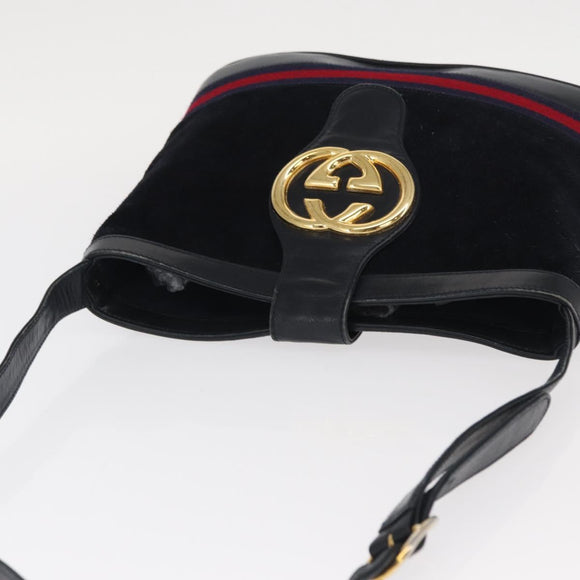 GUCCI Sherry Line Shoulder Bag Suede Navy Gold Auth 160045