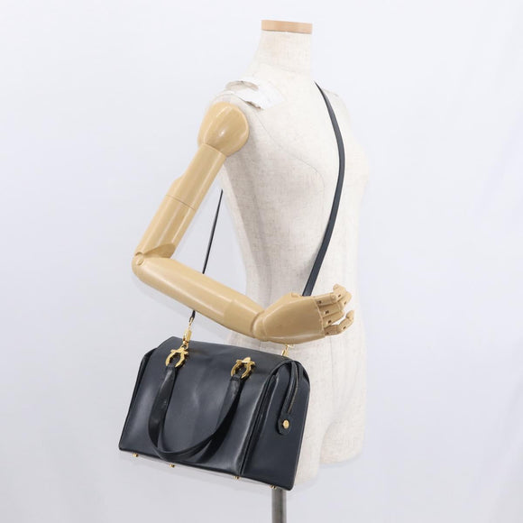 Salvatore Ferragamo Gancini Hand Bag Leather 2way Navy Gold Auth 160069