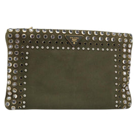 PRADA Bijoux Clutch Bag Canvas Khaki Gold Auth 160073