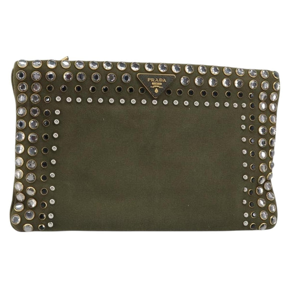PRADA Bijoux Clutch Bag Canvas Khaki Gold Auth 160073