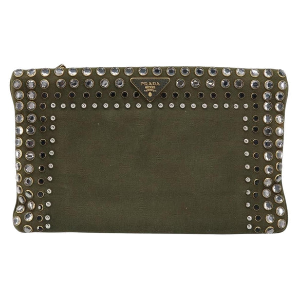 PRADA Bijoux Clutch Bag Canvas Khaki Gold Auth 160073
