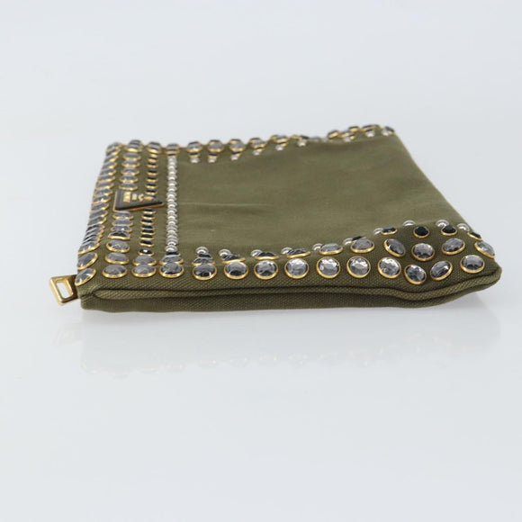PRADA Bijoux Clutch Bag Canvas Khaki Gold Auth 160073