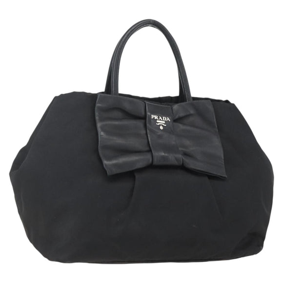PRADA Ribbon Hand Bag Nylon Black Silver Auth 160087