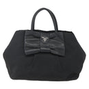 PRADA Ribbon Hand Bag Nylon Black Silver Auth 160087-2