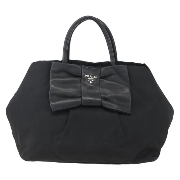 PRADA Ribbon Hand Bag Nylon Black Silver Auth 160087