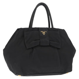 PRADA Ribbon Hand Bag Nylon Black Silver Auth 160092