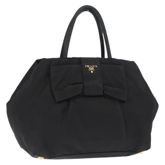 PRADA Ribbon Hand Bag Nylon Black Silver Auth 160092