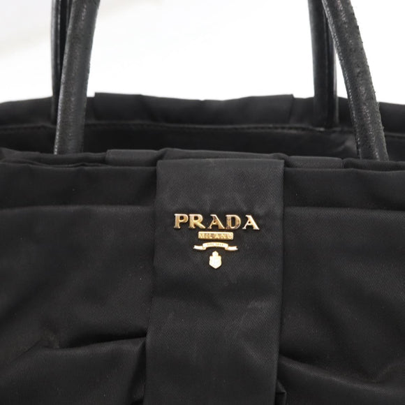 PRADA Ribbon Hand Bag Nylon Black Silver Auth 160092