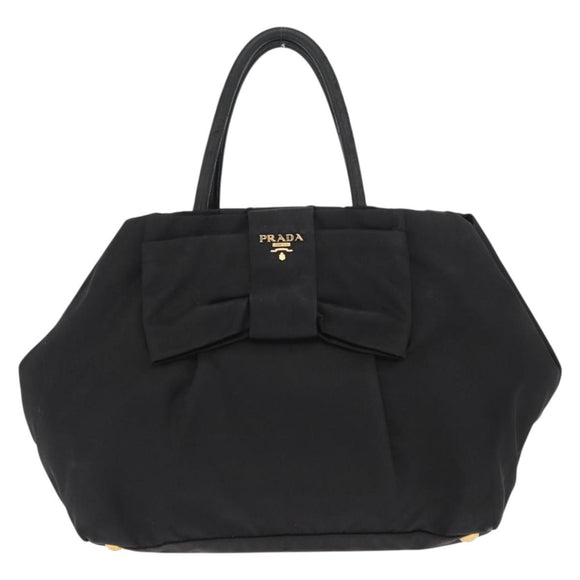 PRADA Ribbon Hand Bag Nylon Black Silver Auth 160092