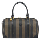 FENDI Pecan Canvas Boston Bag PVC Black Brown gold Auth 160096-2