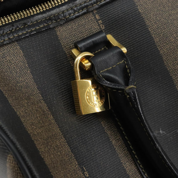 FENDI Pecan Canvas Boston Bag PVC Black Brown gold Auth 160096