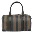 FENDI Pecan Canvas Boston Bag PVC Black Brown gold Auth 160096-3
