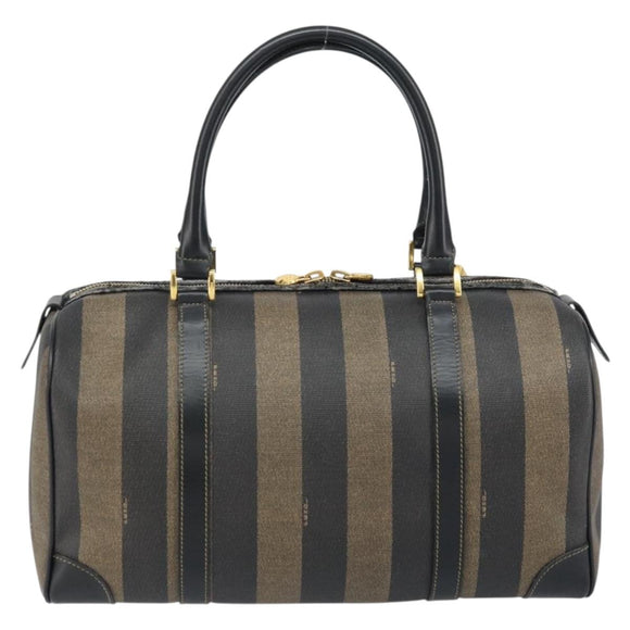 FENDI Pecan Canvas Boston Bag PVC Black Brown gold Auth 160096