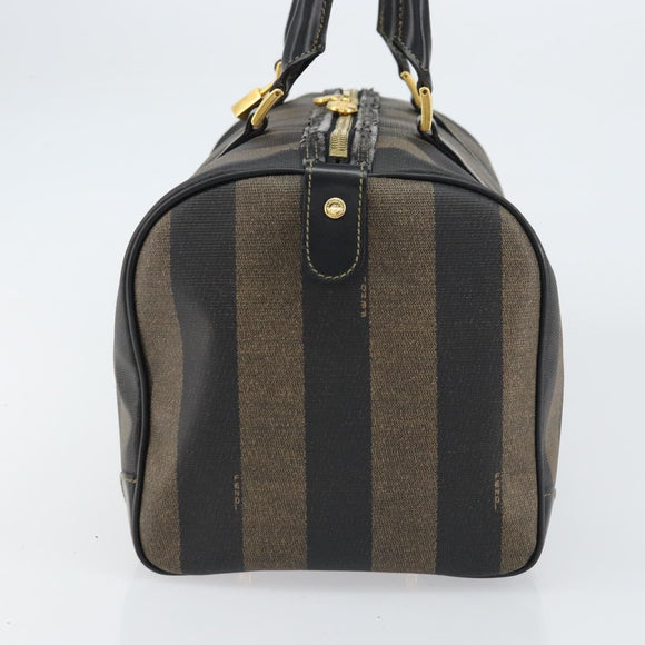 FENDI Pecan Canvas Boston Bag PVC Black Brown gold Auth 160096