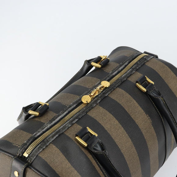 FENDI Pecan Canvas Boston Bag PVC Black Brown gold Auth 160096