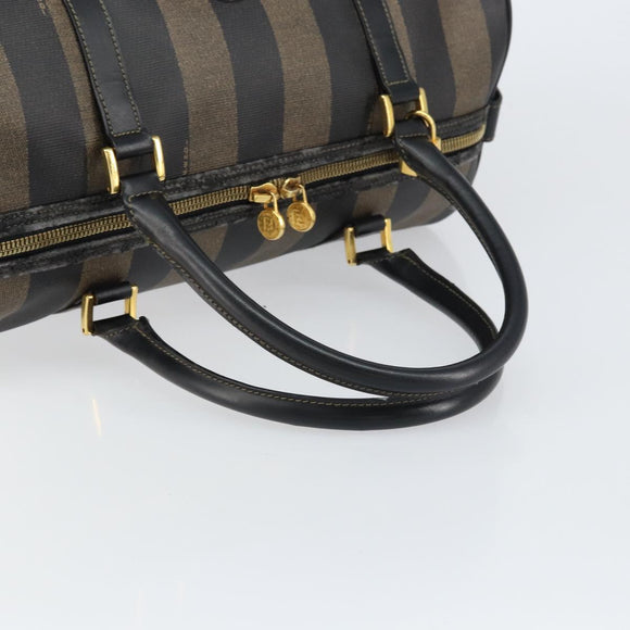FENDI Pecan Canvas Boston Bag PVC Black Brown gold Auth 160096