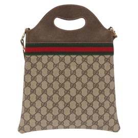 GUCCI GG Supreme Web Sherry Line Hand Bag PVC 2way Beige Gold Auth 160097 - 0