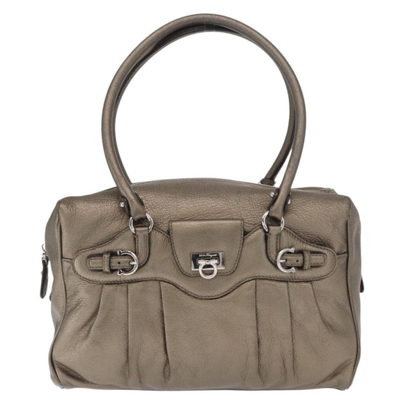 Salvatore Ferragamo Gancini Hand Bag Leather Gold Silver Auth 160099