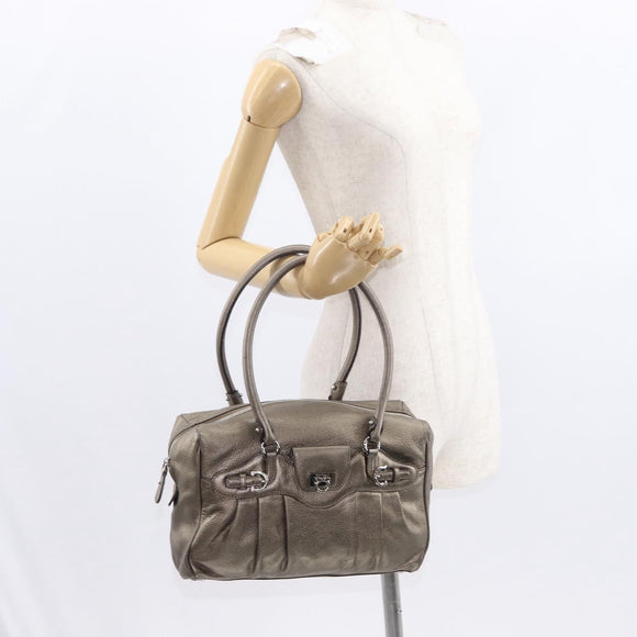 Salvatore Ferragamo Gancini Hand Bag Leather Gold Silver Auth 160099