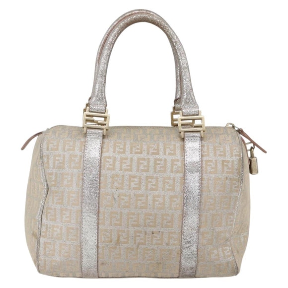 FENDI Zucchino Canvas Hand Bag Silver Auth 160139