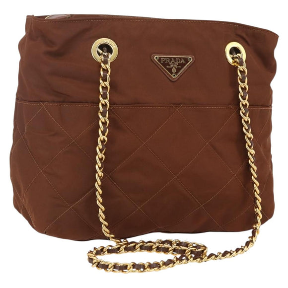 PRADA Chain Quilted Shoulder Bag Nylon Brown Gold Auth 160140