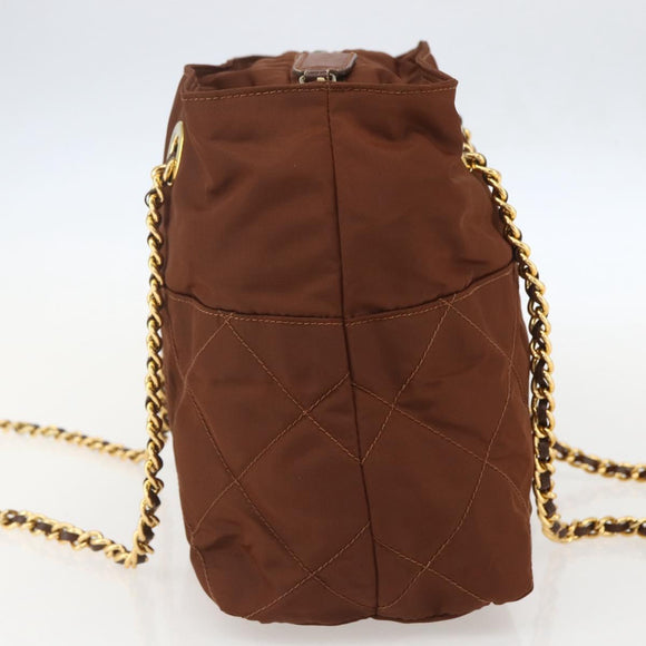 PRADA Chain Quilted Shoulder Bag Nylon Brown Gold Auth 160140