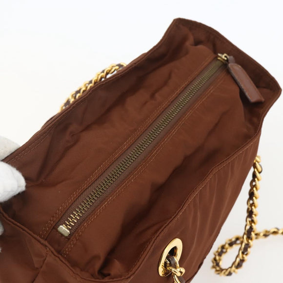 PRADA Chain Quilted Shoulder Bag Nylon Brown Gold Auth 160140