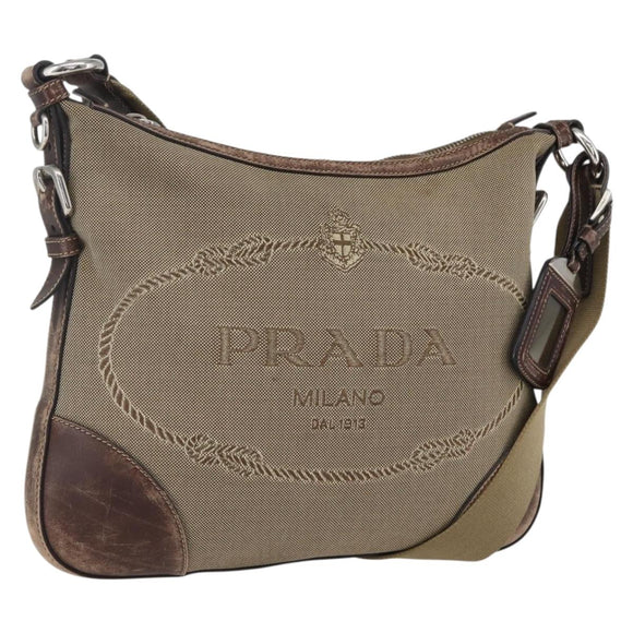 PRADA Shoulder Bag Canvas Beige Silver Auth 160170