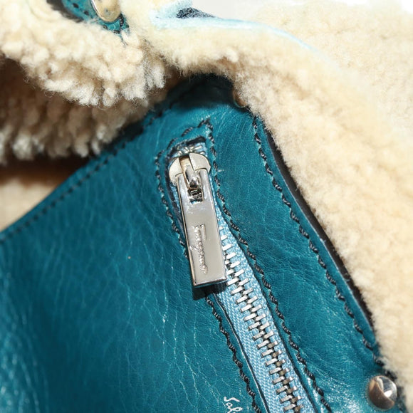 Salvatore Ferragamo Gancini Shoulder Bag Mouton Blue Green Silver Auth 160179V