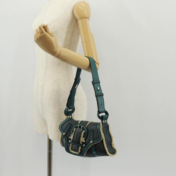 Salvatore Ferragamo Gancini Shoulder Bag Mouton Blue Green Silver Auth 160179V