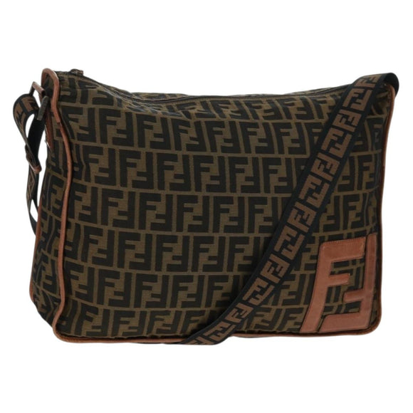 FENDI Zucca Canvas Shoulder Bag Brown Black Auth 160218