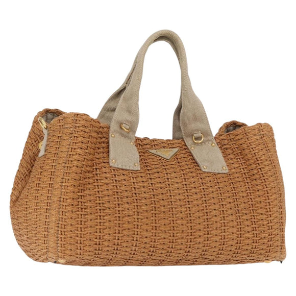 PRADA Canapa GM Hand Bag Raffia Canvas Brown Gold Auth 160234