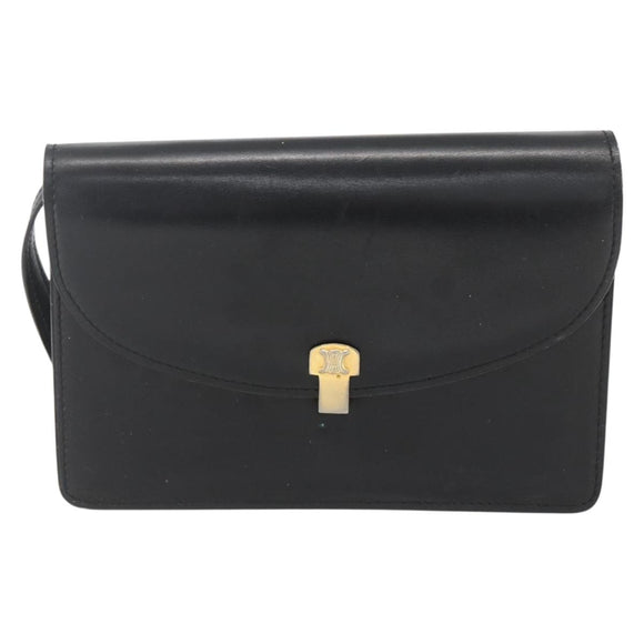 CELINE Shoulder Bag Leather Black Gold Auth 160240