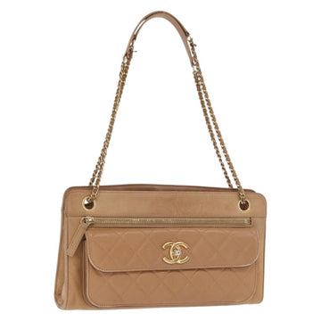 CHANEL Matelasse Chain Shoulder Bag Lamb Skin Light Brown Gold CC Auth 160244
