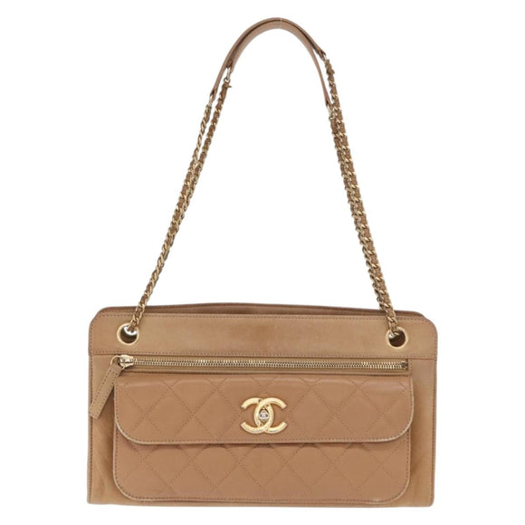 CHANEL Matelasse Chain Shoulder Bag Lamb Skin Light Brown Gold CC Auth 160244