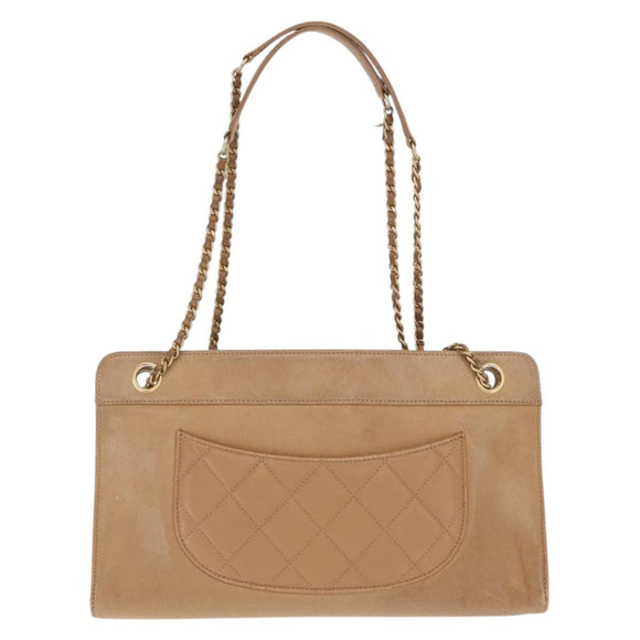 CHANEL Matelasse Chain Shoulder Bag Lamb Skin Light Brown Gold CC Auth 160244