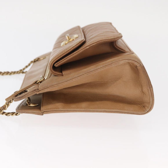 CHANEL Matelasse Chain Shoulder Bag Lamb Skin Light Brown Gold CC Auth 160244