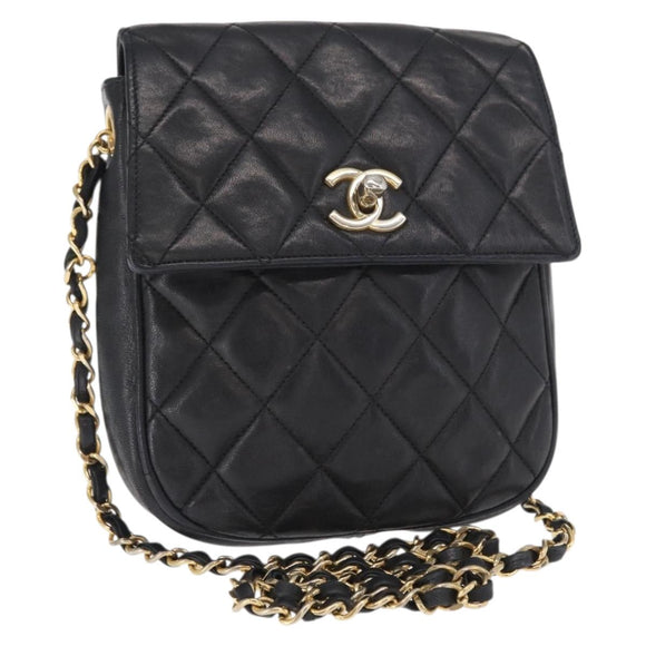 CHANEL Matelasse Chain Bag Lamb Skin Black gold CC Auth 160245