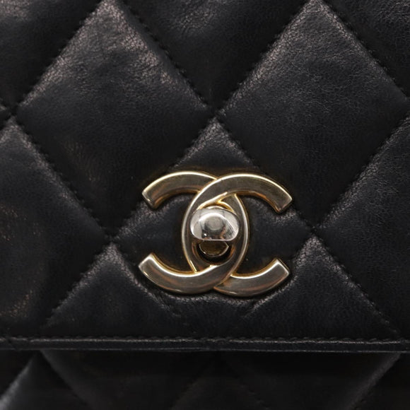 CHANEL Matelasse Chain Bag Lamb Skin Black gold CC Auth 160245