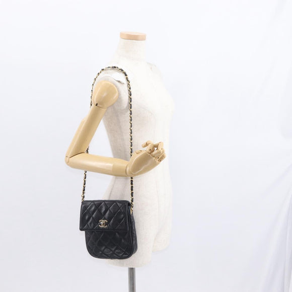 CHANEL Matelasse Chain Bag Lamb Skin Black gold CC Auth 160245