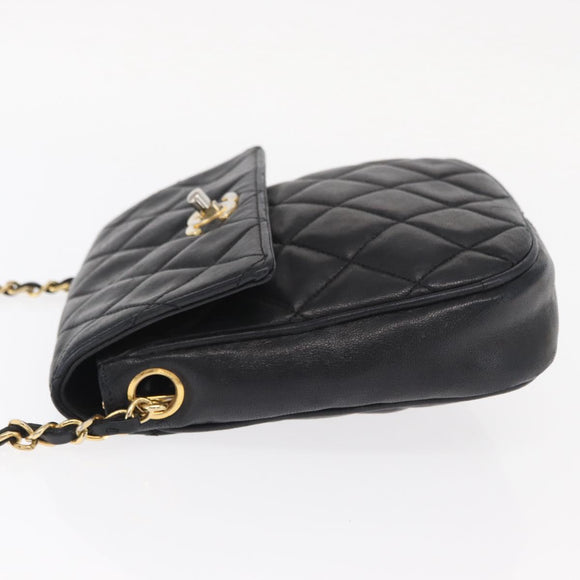CHANEL Matelasse Chain Bag Lamb Skin Black gold CC Auth 160245