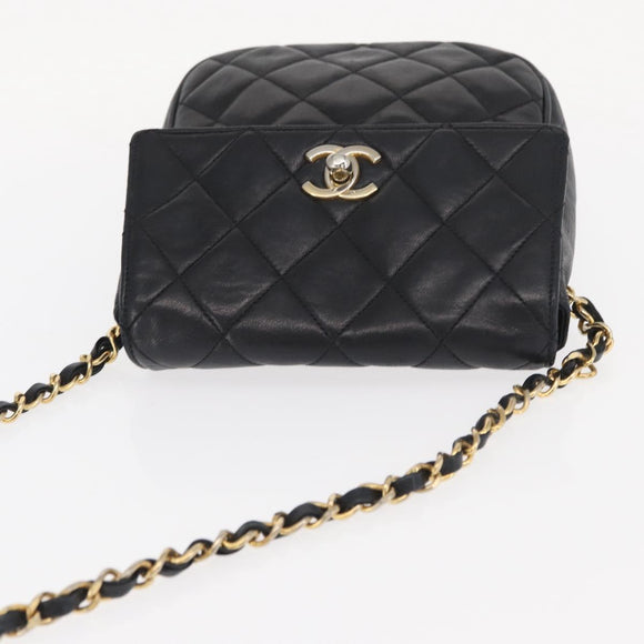 CHANEL Matelasse Chain Bag Lamb Skin Black gold CC Auth 160245