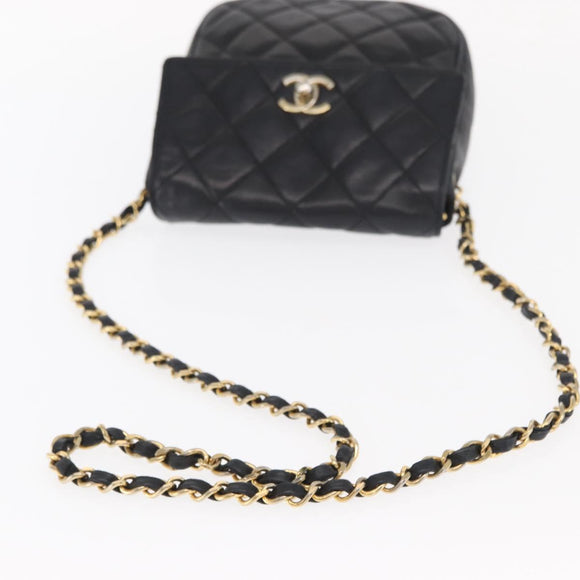 CHANEL Matelasse Chain Bag Lamb Skin Black gold CC Auth 160245