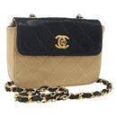 CHANEL Matelasse Chain Shoulder Bag Lamb Skin Beige Black CC Auth 160250-1