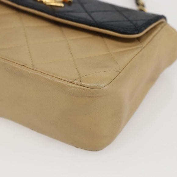 CHANEL Matelasse Chain Shoulder Bag Lamb Skin Beige Black CC Auth 160250