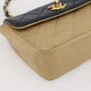 CHANEL Matelasse Chain Shoulder Bag Lamb Skin Beige Black CC Auth 160250-11