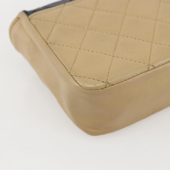 CHANEL Matelasse Chain Shoulder Bag Lamb Skin Beige Black CC Auth 160250