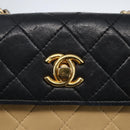 CHANEL Matelasse Chain Shoulder Bag Lamb Skin Beige Black CC Auth 160250-14