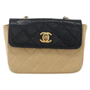 CHANEL Matelasse Chain Shoulder Bag Lamb Skin Beige Black CC Auth 160250-2