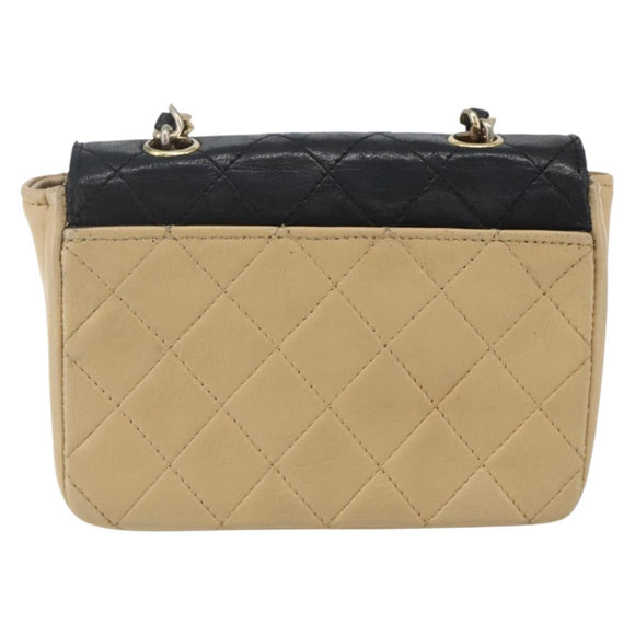 CHANEL Matelasse Chain Shoulder Bag Lamb Skin Beige Black CC Auth 160250